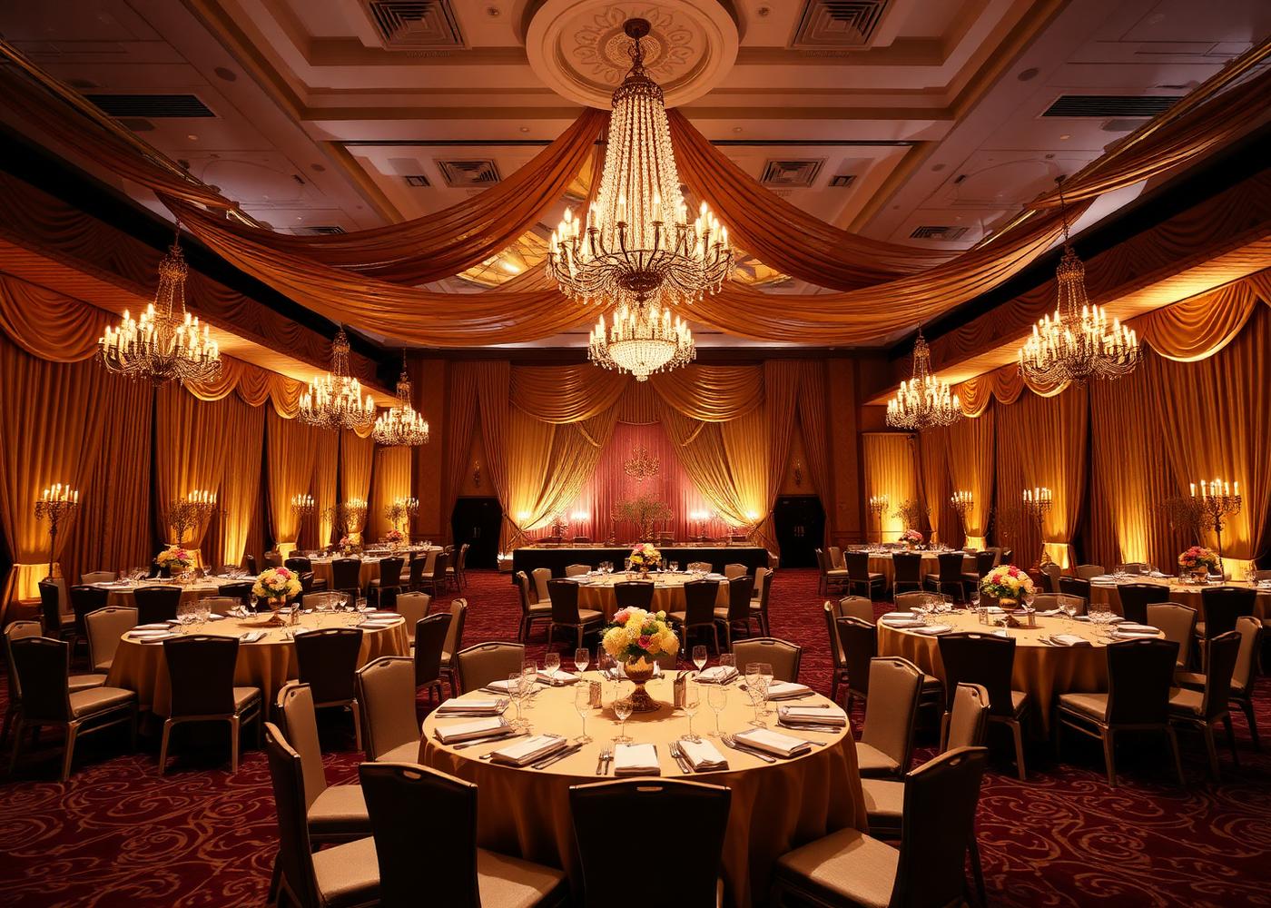 Grand banquet hall set for a wedding reception