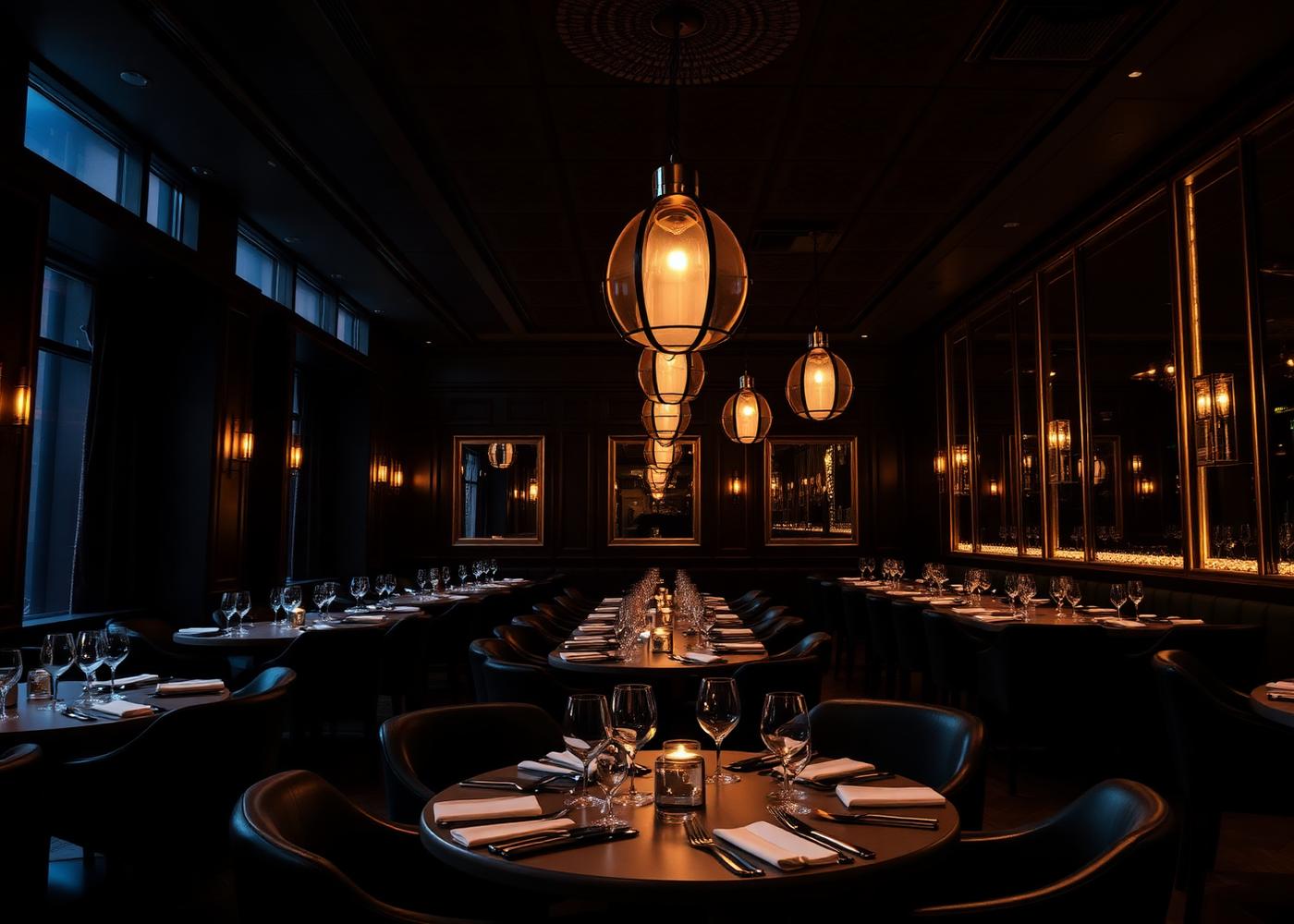 Warmly lit hotel restaurant interior