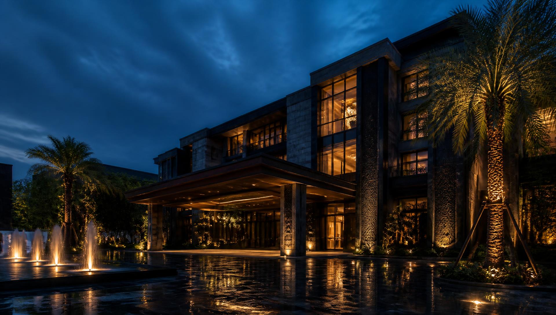 HRR Hotels Hyderabad illuminated at blue hour